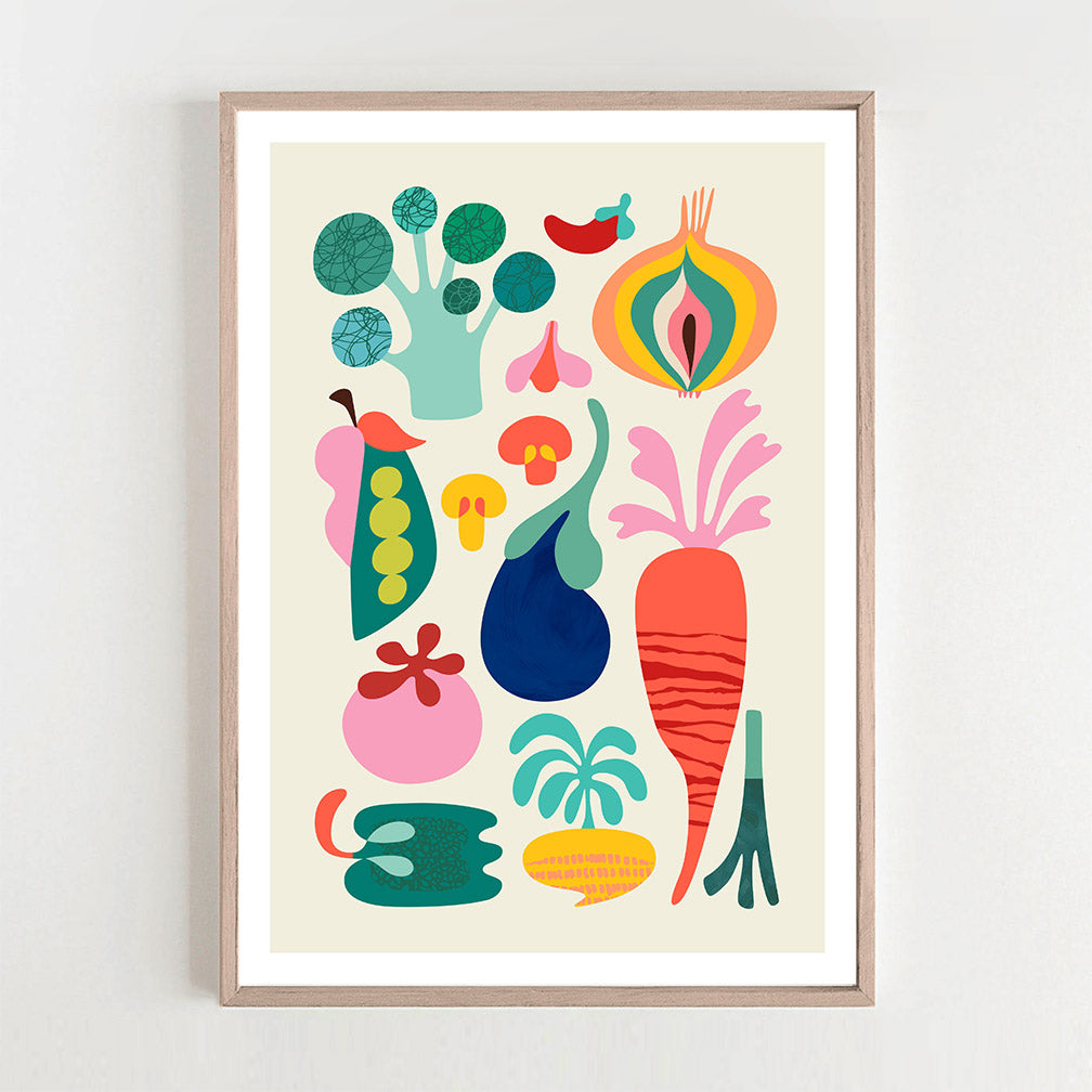 Vibrant veggies illustration in a modern style on a white print.