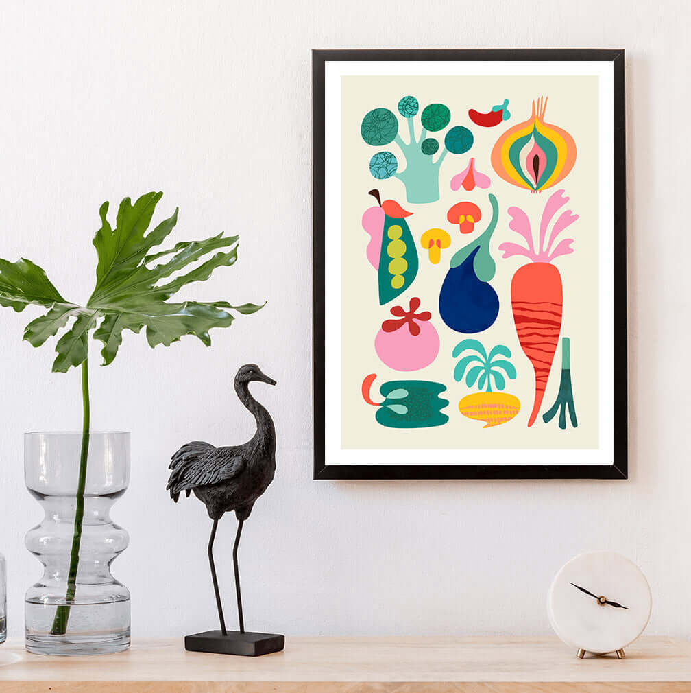 Vibrant veggies illustration in a modern style on a white print.