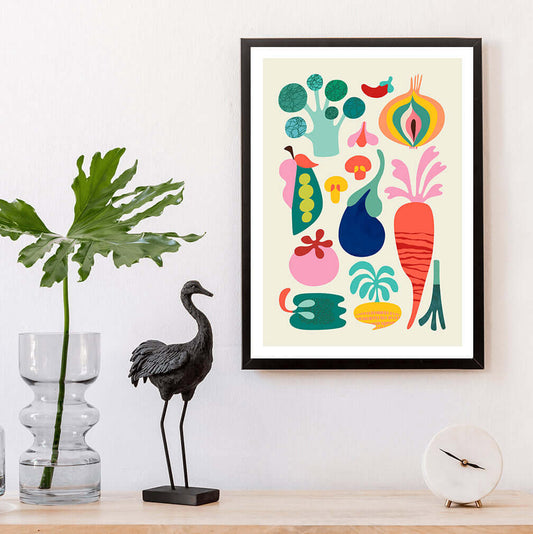 Vibrant veggies illustration in a modern style on a white print.