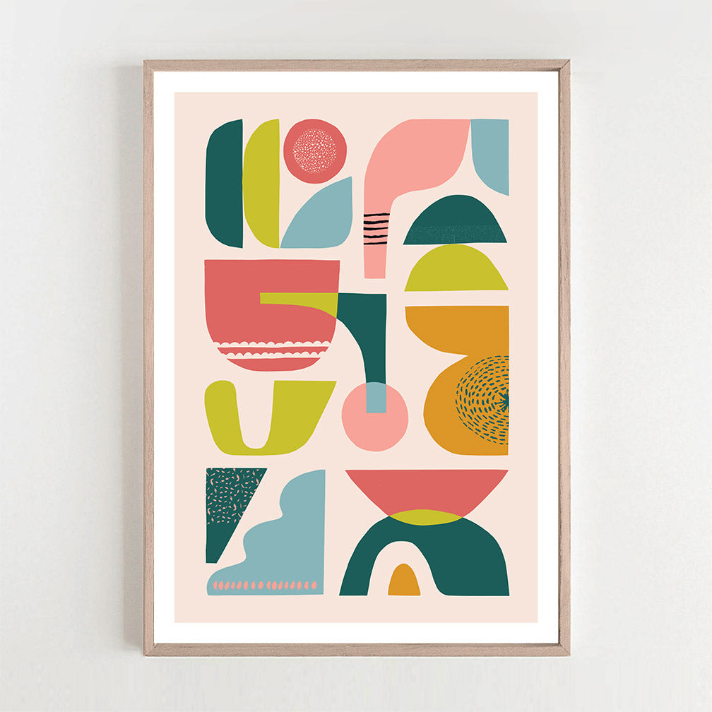 Abstract geometric art print in a frame.
