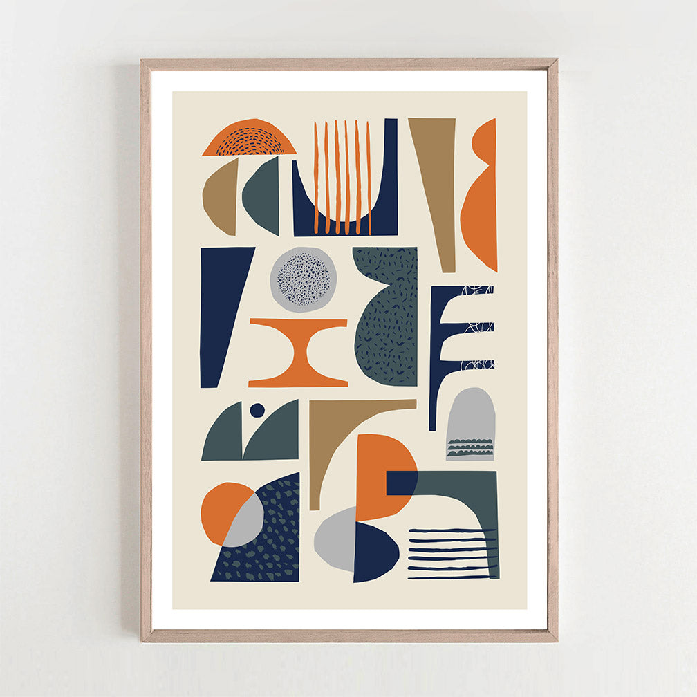 Abstract art print in black frame with vibrant colors and geometric shapes.