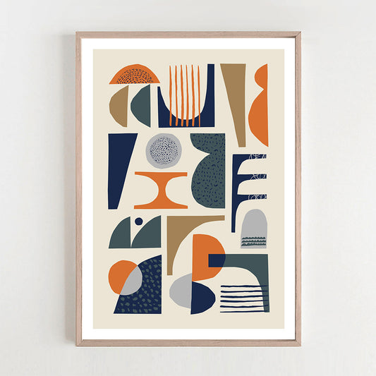 Abstract art print in black frame with vibrant colors and geometric shapes.