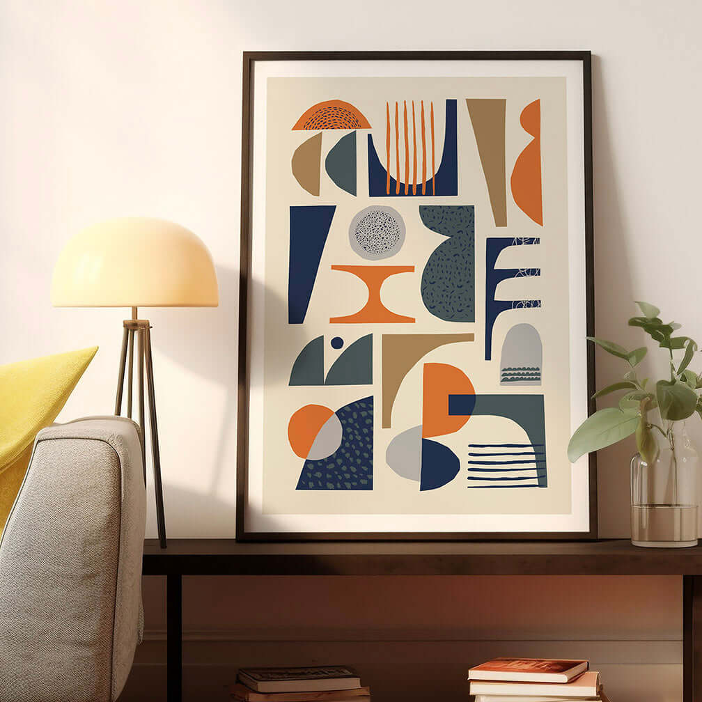 Abstract art print in black frame with vibrant colors and geometric shapes.