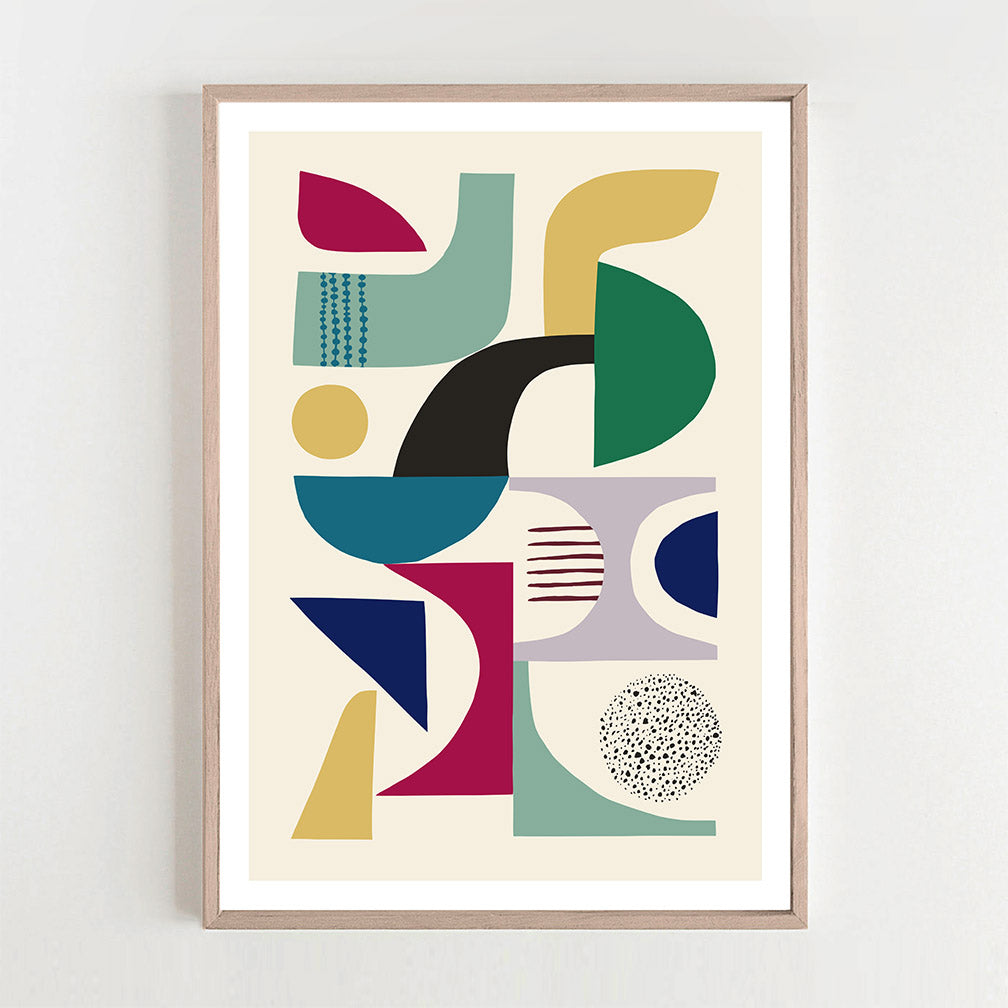 Eye-catching framed art print showcasing geometric shapes in a mid century modern design.