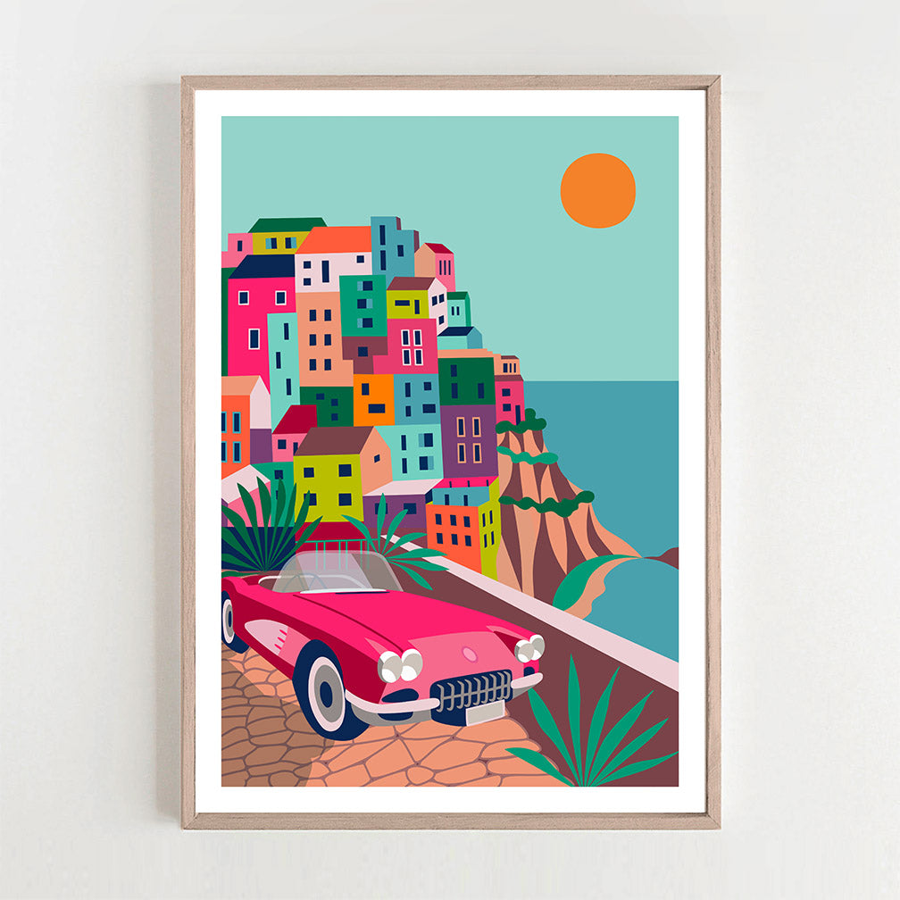 A vibrant poster featuring a sleek car parked gracefully on a beautiful sandy beach with clear blue waters in the Cinque Terre.