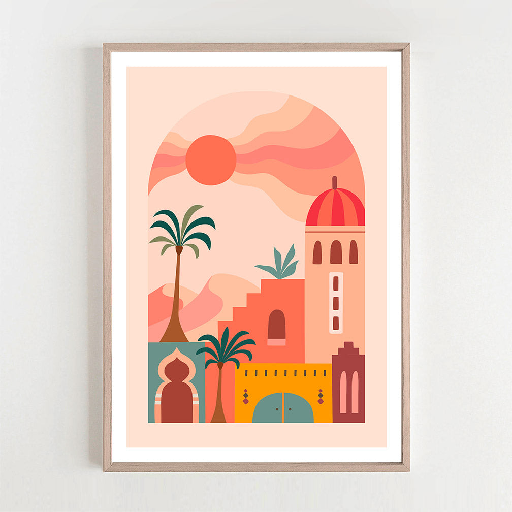 Framed poster capturing a city with palm trees, showcasing the essence of a desert sun print.