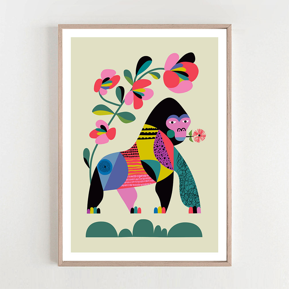 A vibrant gorilla Art print adorns a shelf, adding a splash of color to the room's décor.