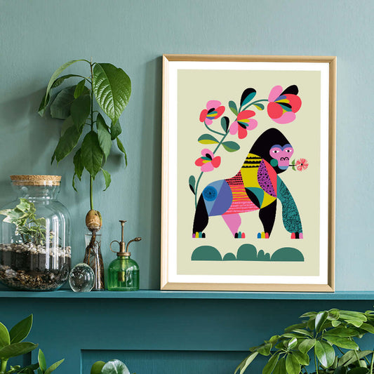 A vibrant gorilla Art print adorns a shelf, adding a splash of color to the room's décor.