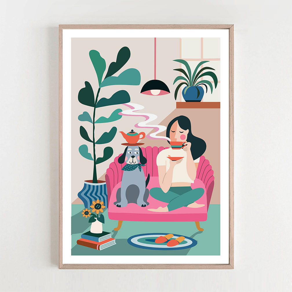 The print featuring Woman and dog relaxing on couch with flowers in room.
