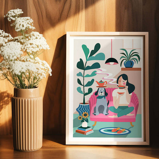 The print featuring Woman and dog relaxing on couch with flowers in room.