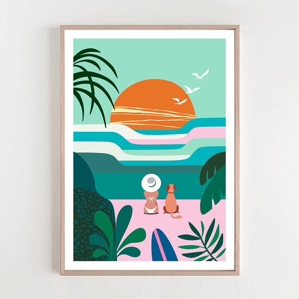 This print featuring a woman and a dog are watching sunset on tropical beach.