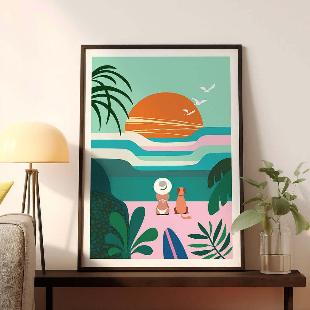 This print featuring a woman and a dog are watching sunset on tropical beach and put on a wooden table.