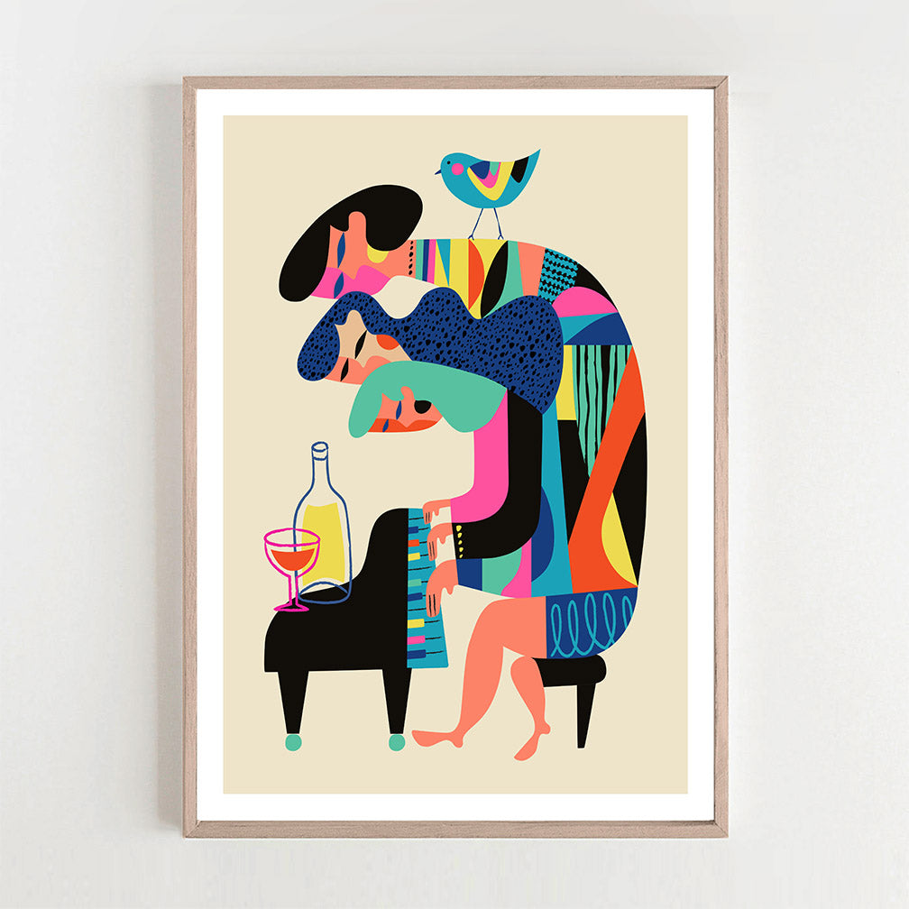 Three pianists performing on a grand piano print.