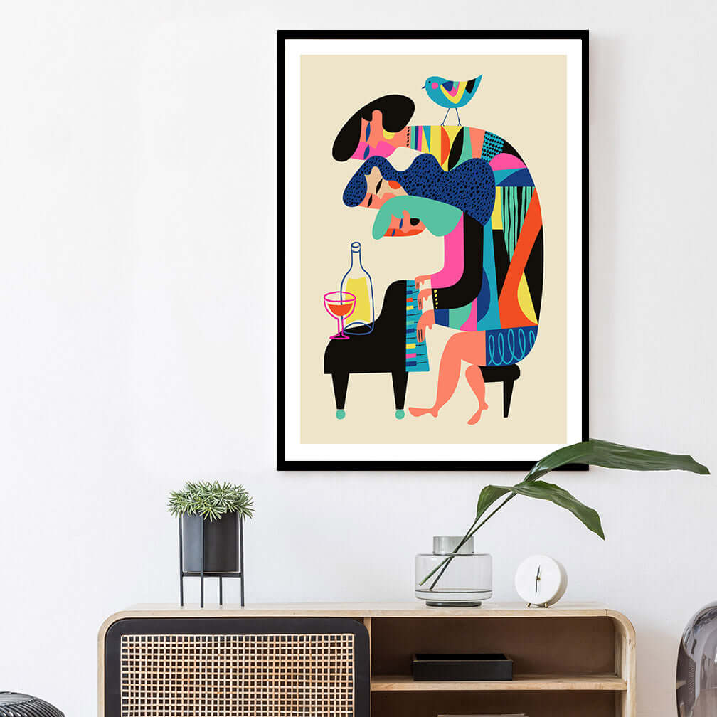 Three pianists performing on a grand piano print that is hanging on the wall.