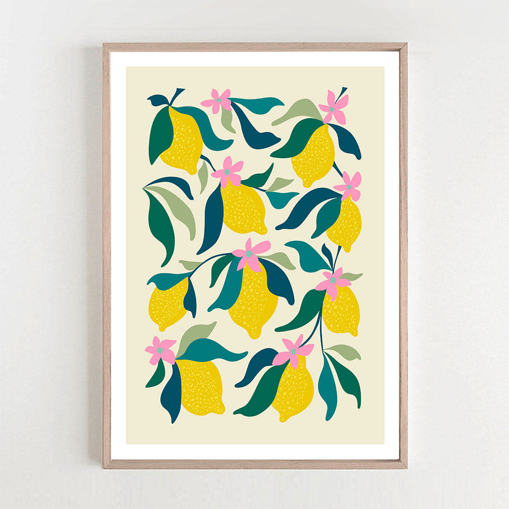 A vibrant lemon print hanging on the white wall and freshness to the room.
