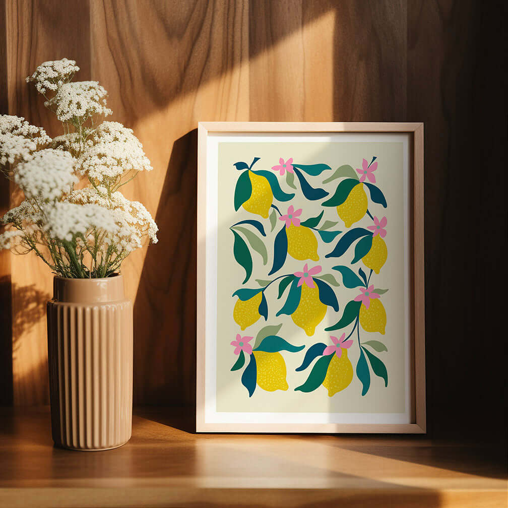 A vibrant lemon print hanging by the window, adding a pop of color and freshness to the room.