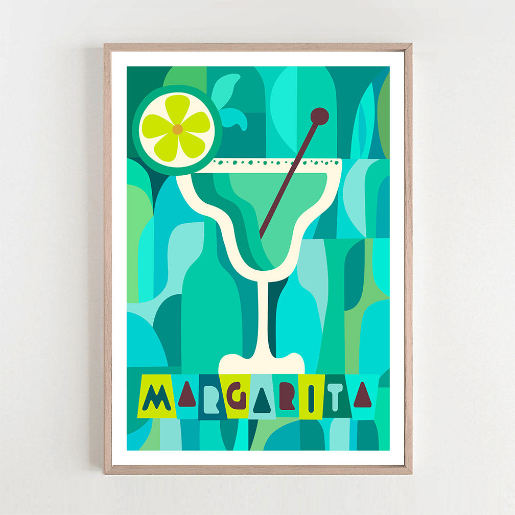 White wall adorned with bright margarita artwork.