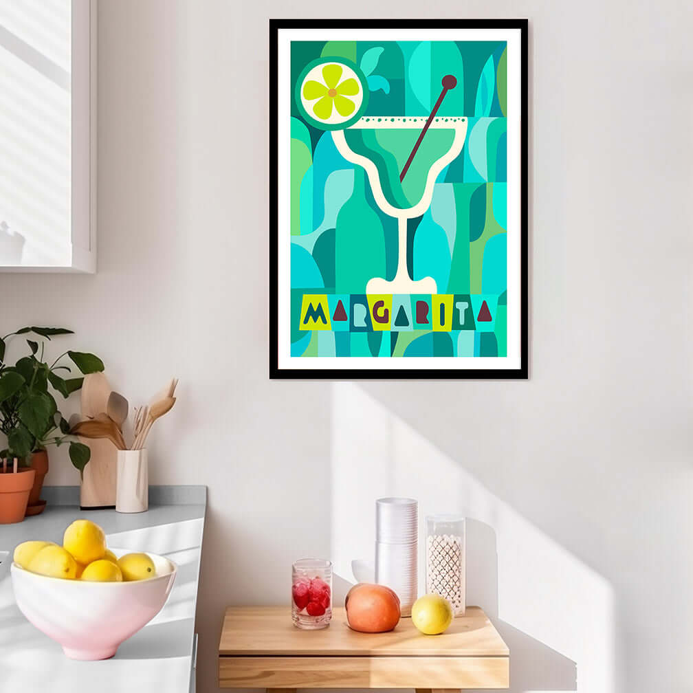 Vibrant margarita poster decorates kitchen space.