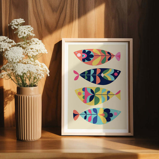 A vibrant artwork of fish, beautifully displayed on a wooden shelf. A perfect blend of nature and art.