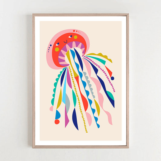 A vibrant jellyfish print with shades of blue and purple, floating gracefully in the ocean.