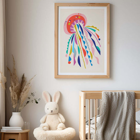 Colorful jellyfish print in a baby's room.