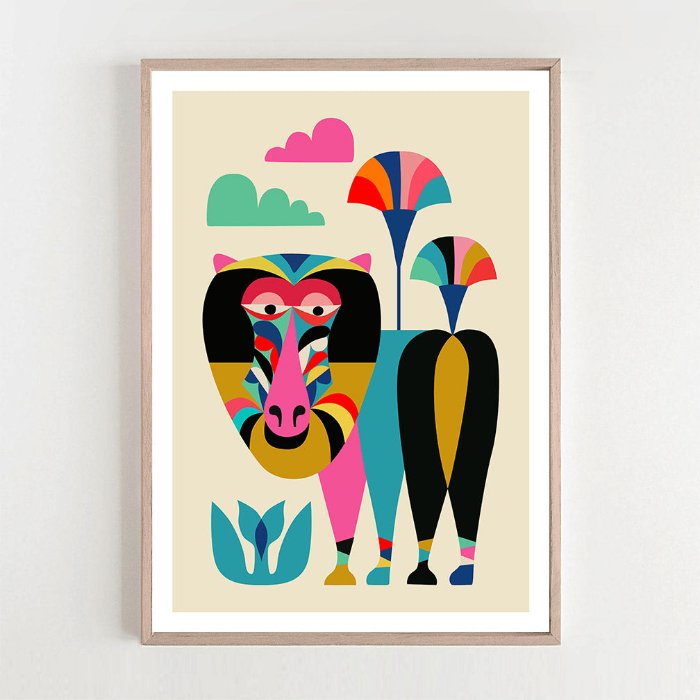 An eye-catching baboon print, full of vibrant colors, beautifully displayed on a wall.