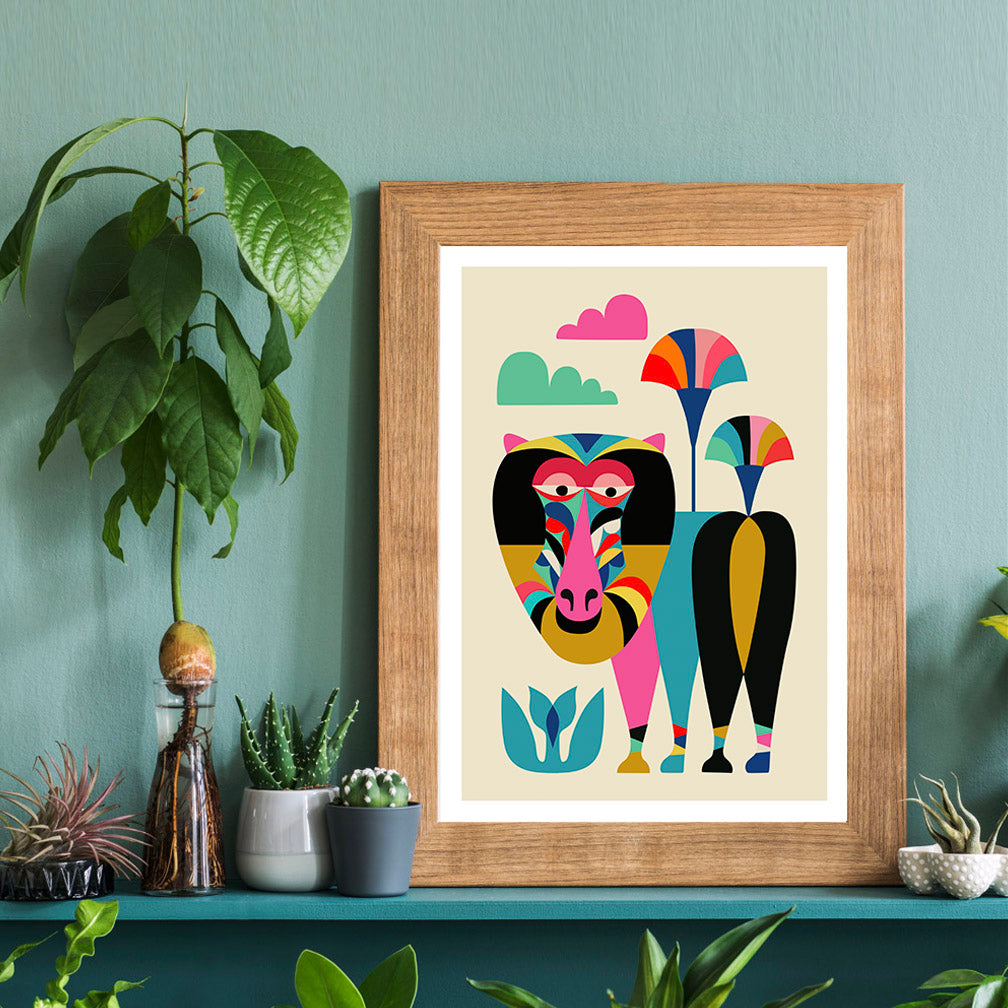 An eye-catching baboon print, full of vibrant colors, beautifully displayed on a wall.