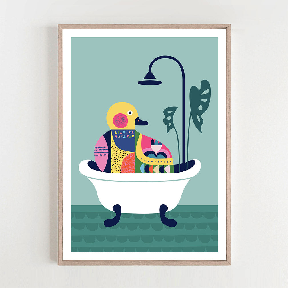 A duckie in the bathtub print hang on wall