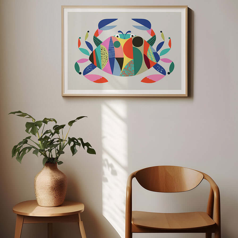 Colorful crab art print on wall in a living room.