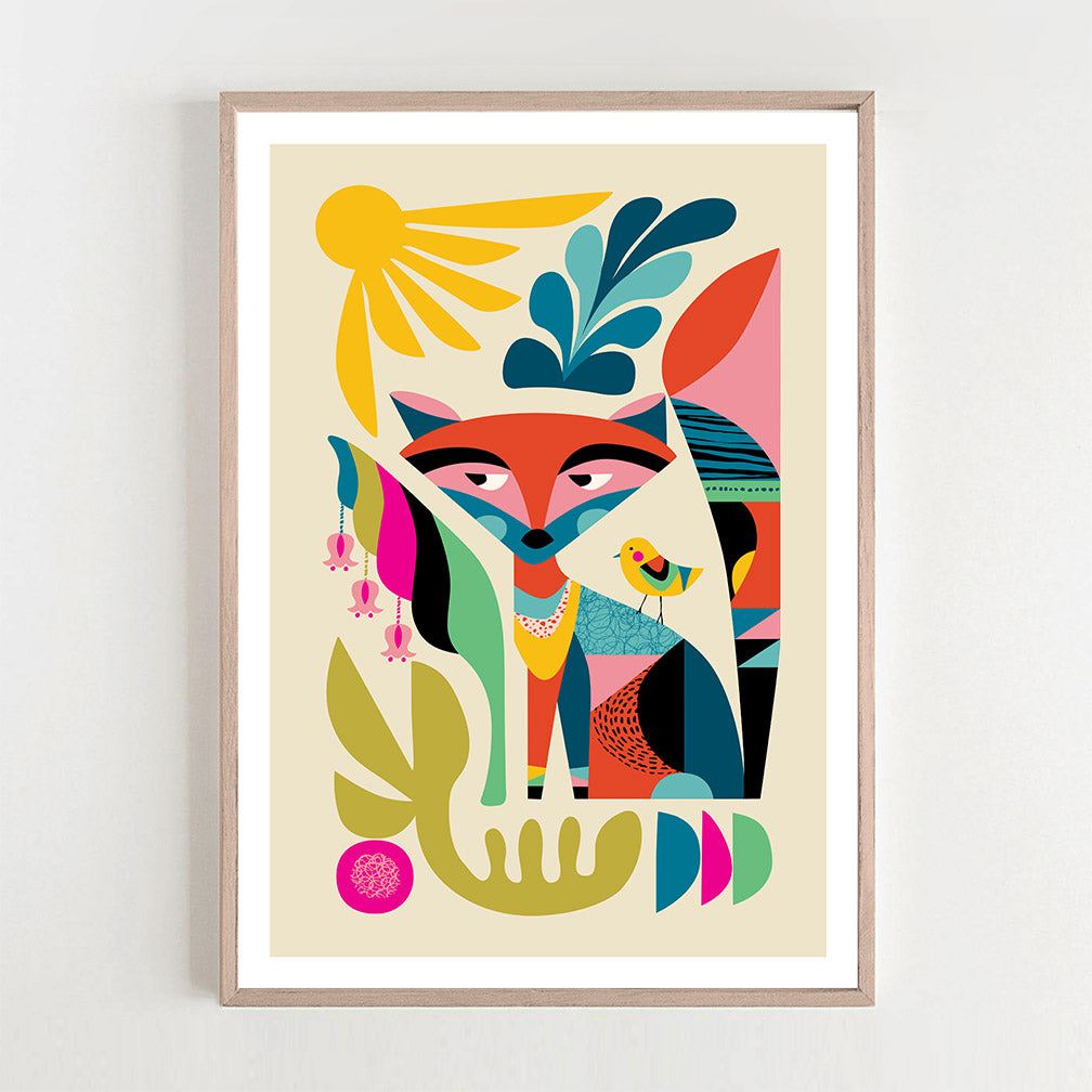 A vibrant art print featuring a fox and a sun, bursting with colors. A delightful masterpiece! 