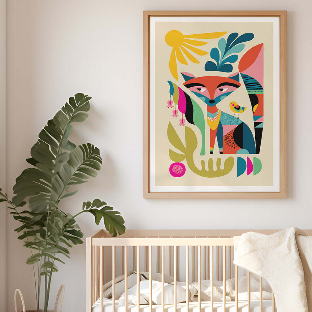  A cute nursery with a crib and a framed Fox art print hanging on the wall. Perfect for your little one's room!