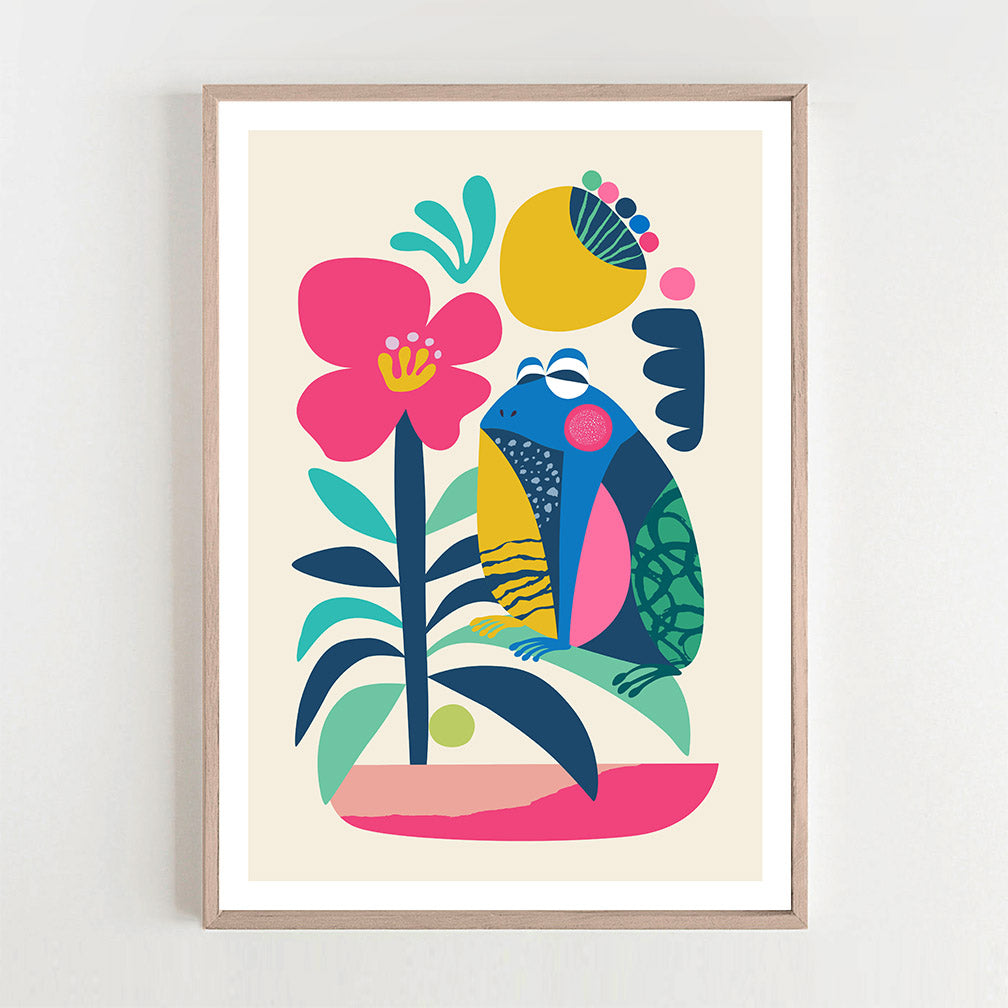 A vibrant art print featuring a frog and flowers in a colorful display.