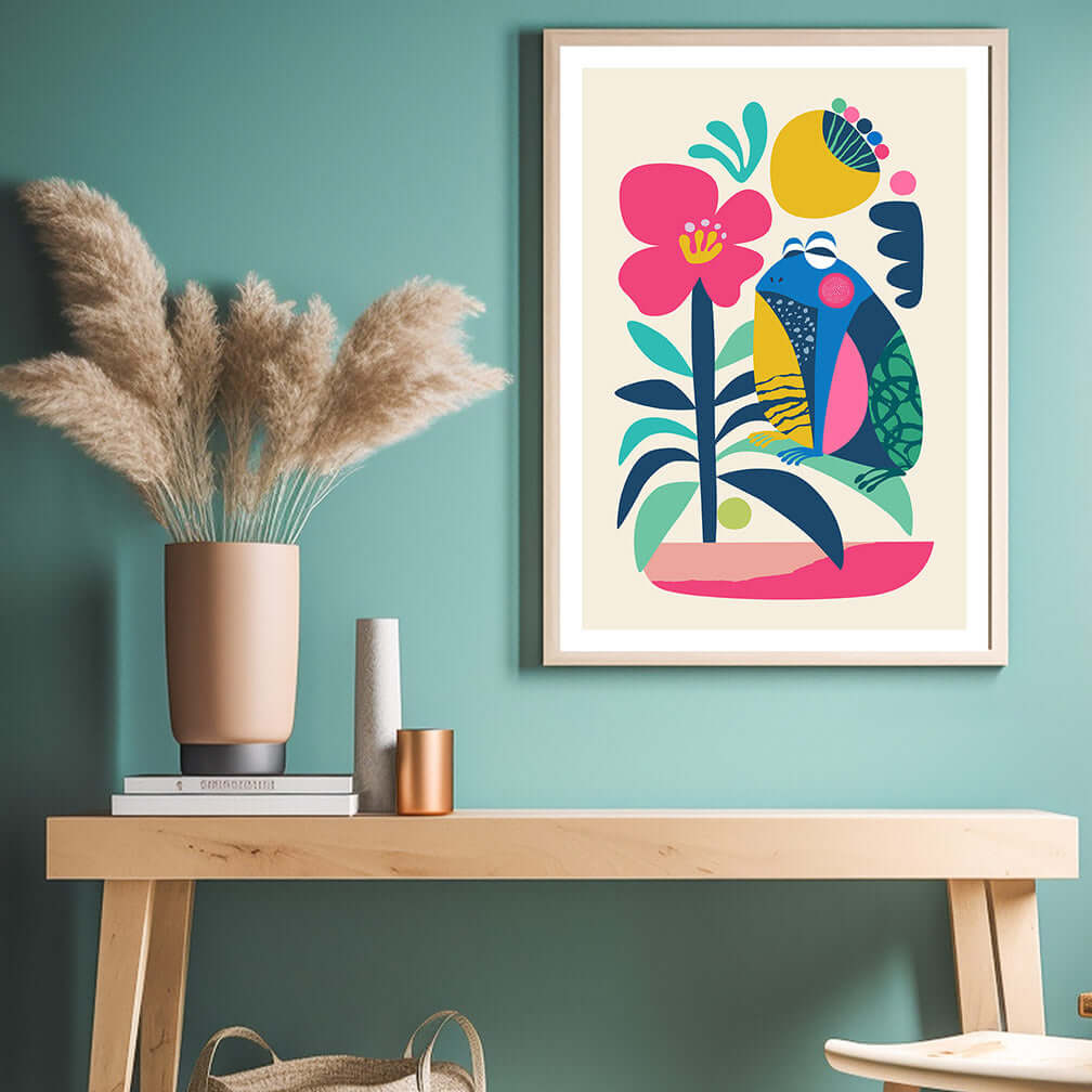 A vibrant Frog art print hanging above a desk, adding a pop of color to the room's decor.