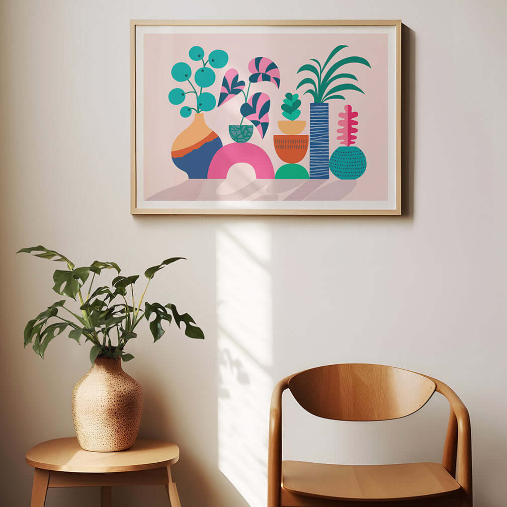House Plants Art print hanging above chair, adding color and style to the room decor.