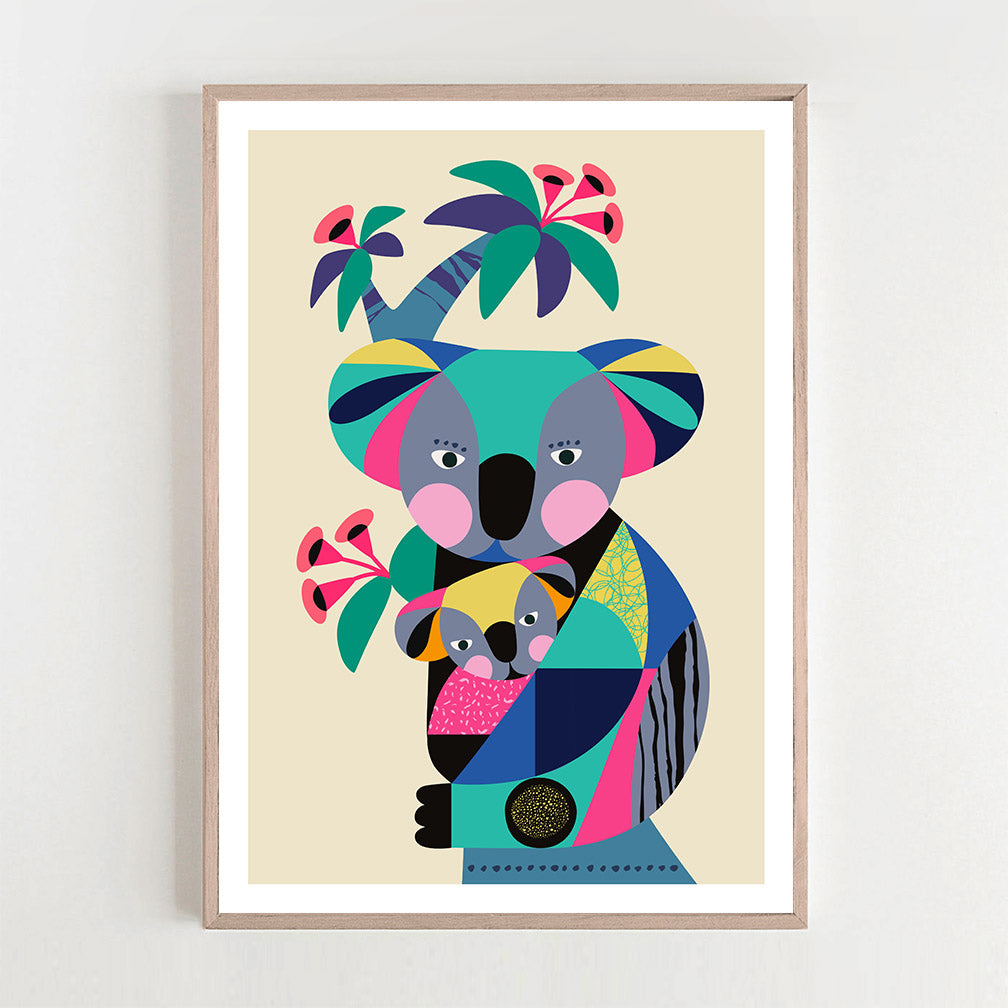  This print featuring Colorful koala bears sitting in front of a palm tree and plant.