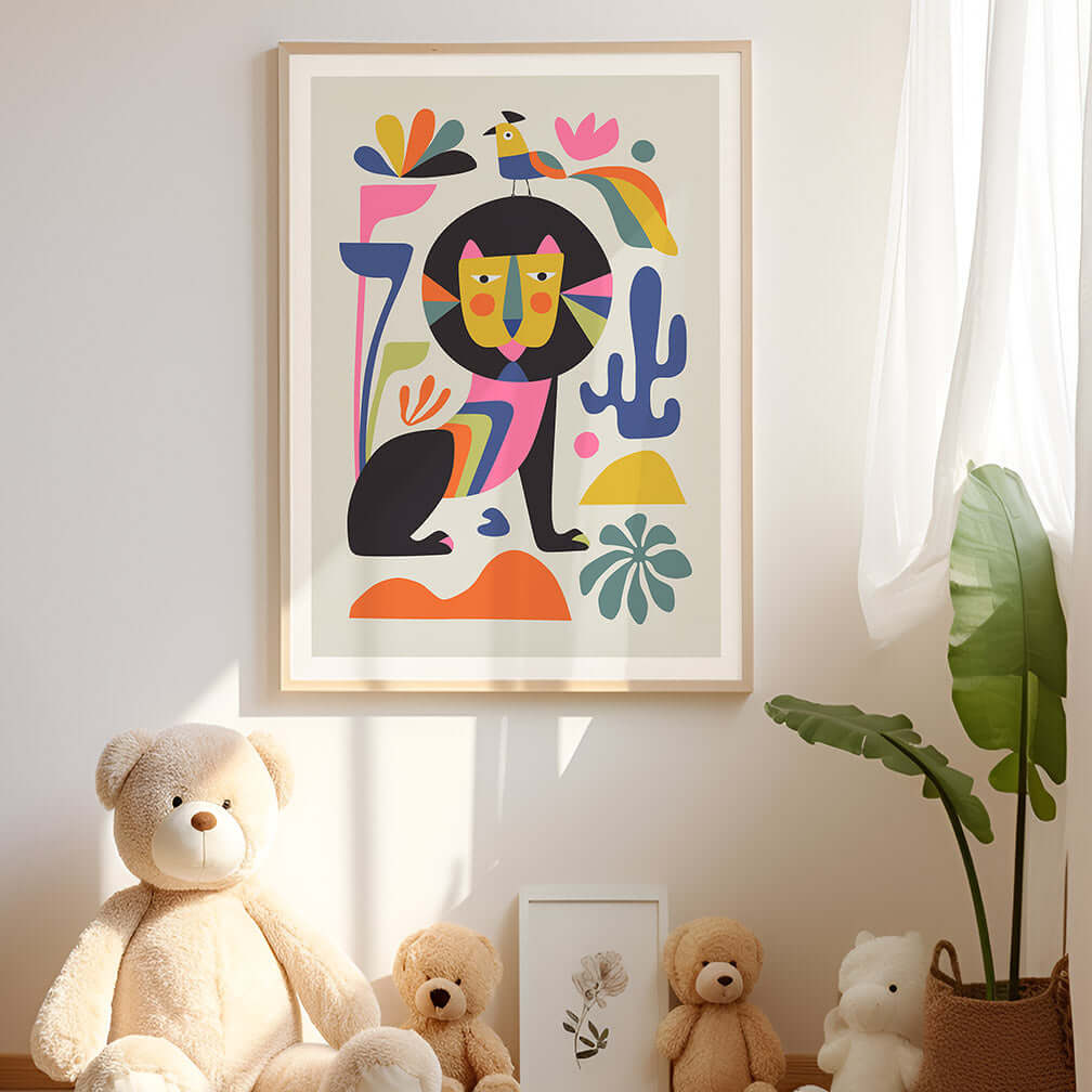 Adorable lion painting adds charm to nursery.