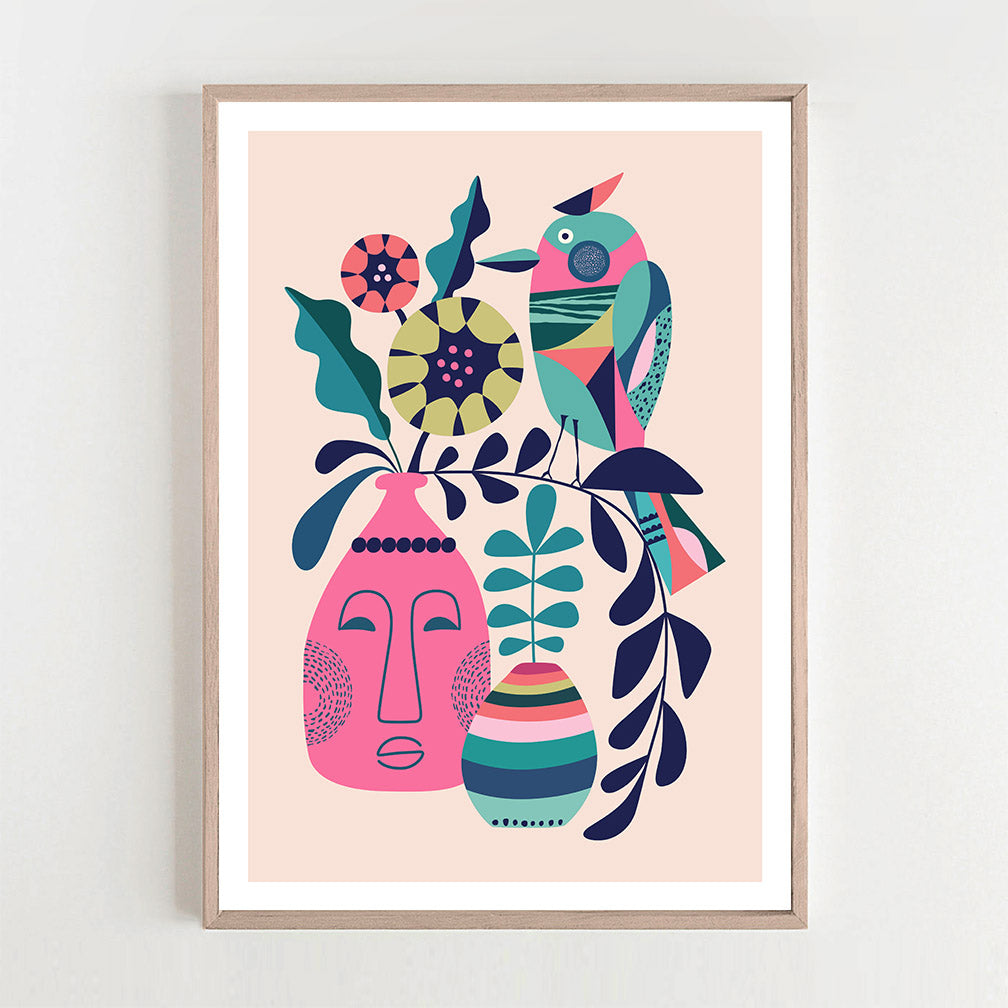 Vibrant art print featuring a bird and flowers, perfect for adding a pop of color to any space.