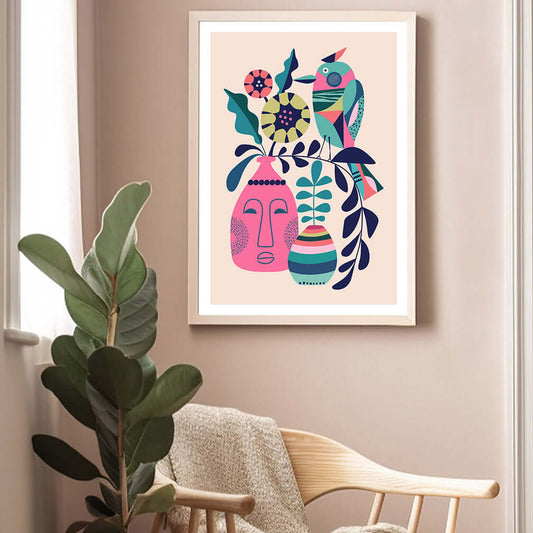 Vibrant art print featuring a bird and flowers, perfect for adding a pop of color to any space.