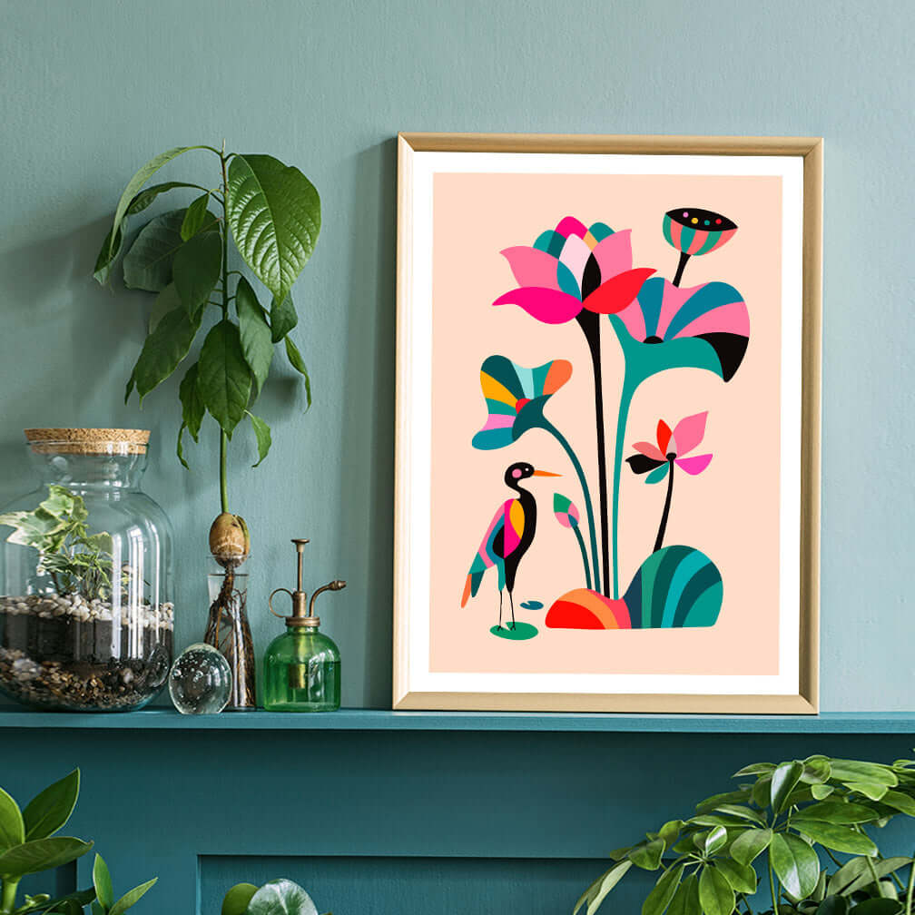 An exquisite lotus print featuring stunning colors and delicate patterns on a blue wall.