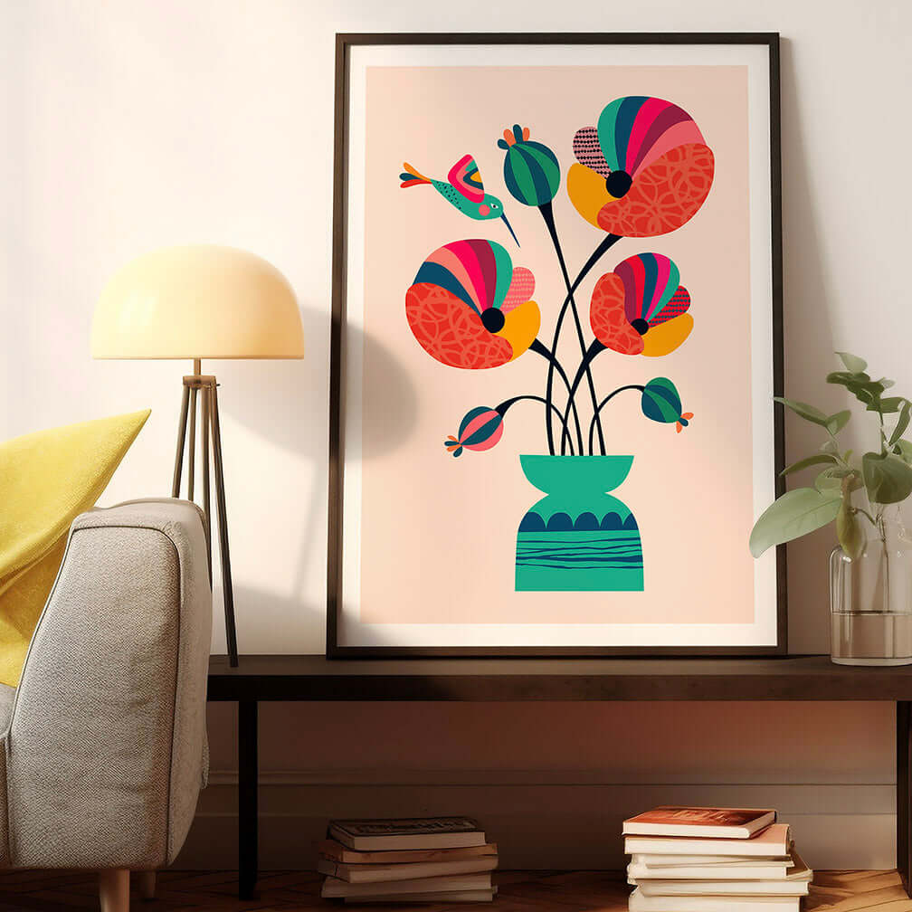 A vibrant poppies and hummingbird print adds color and life to the living room decor.