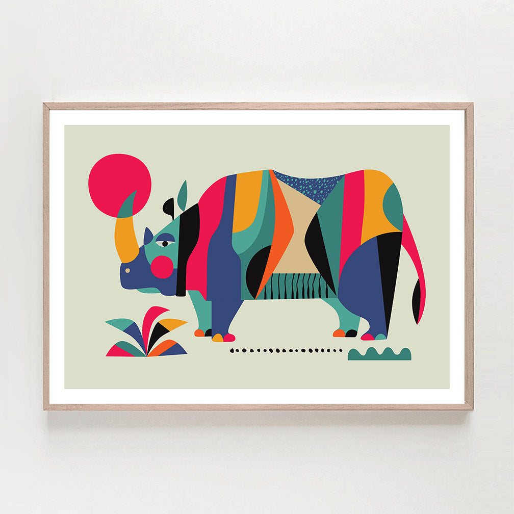 Wall decor featuring colorful rhino print.