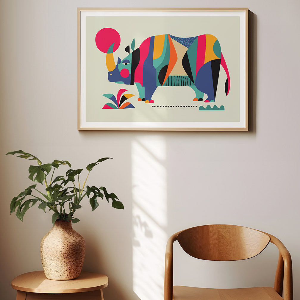Wall decor featuring colorful rhino print in a living room.