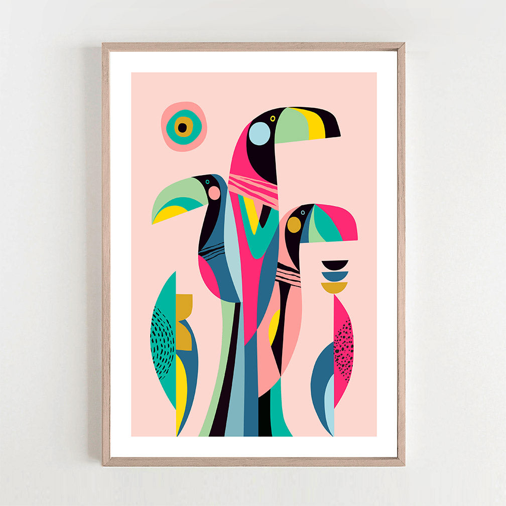 Abstract toucans print: vibrant colors and bold shapes create a captivating artwork. A tropical masterpiece!