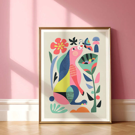  Vibrant art print with a bunny and floral motifs in an abstract style.