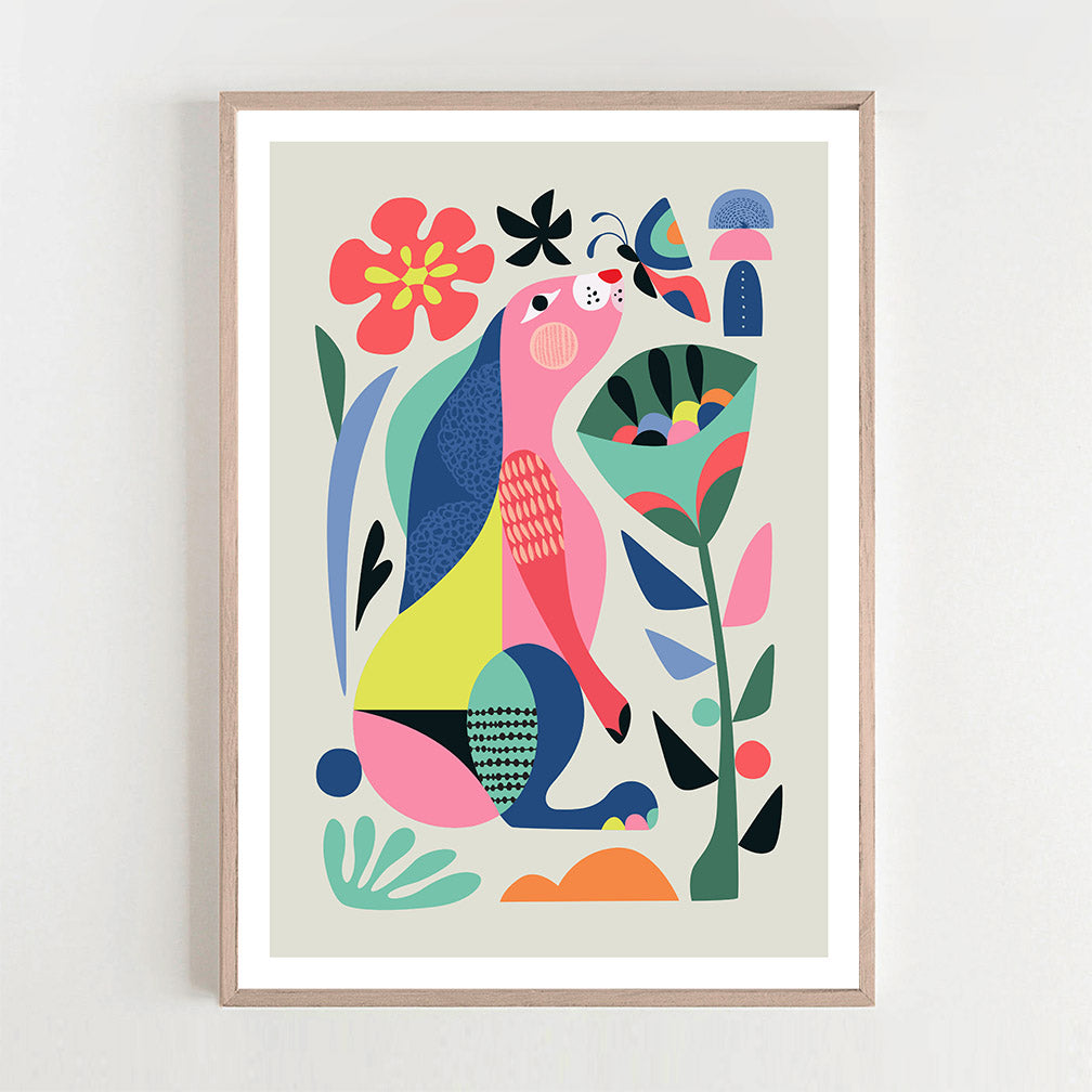  Vibrant art print with a bunny and floral motifs in an abstract style.
