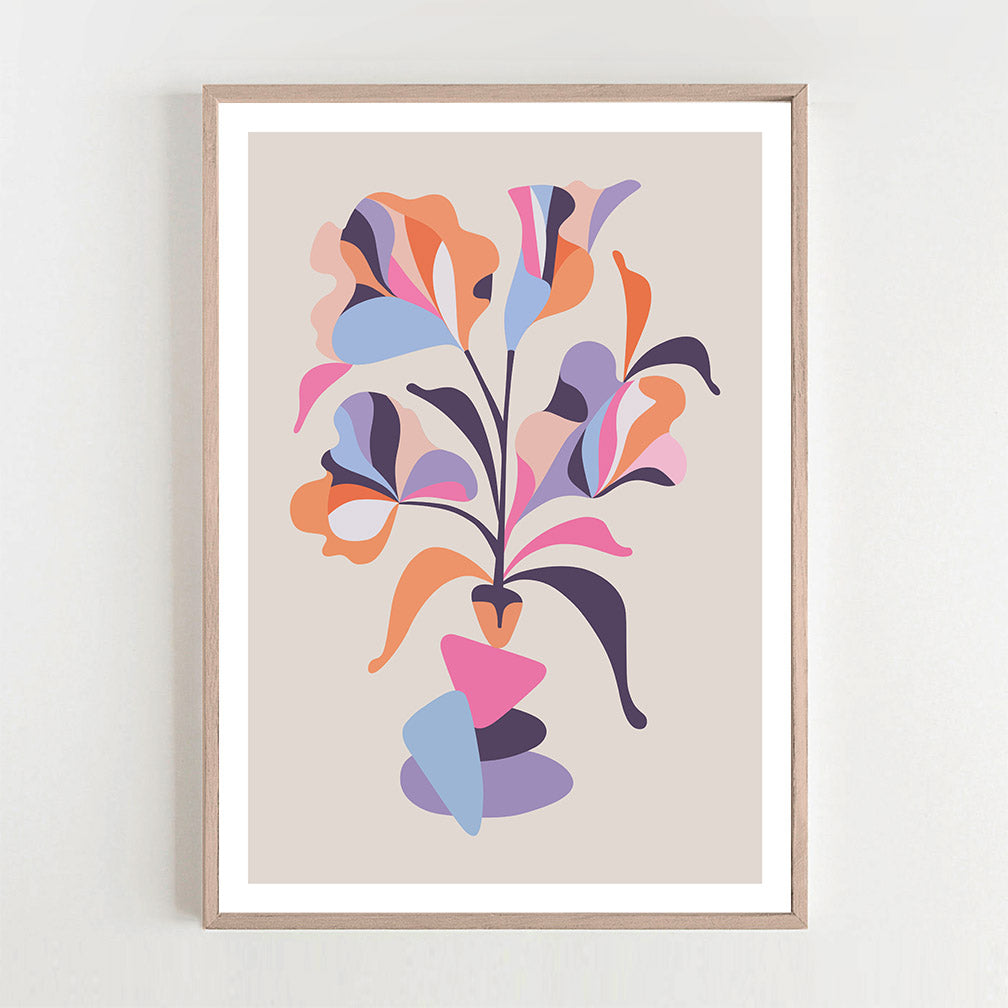 The art print featuring abstract floral and stone elements.