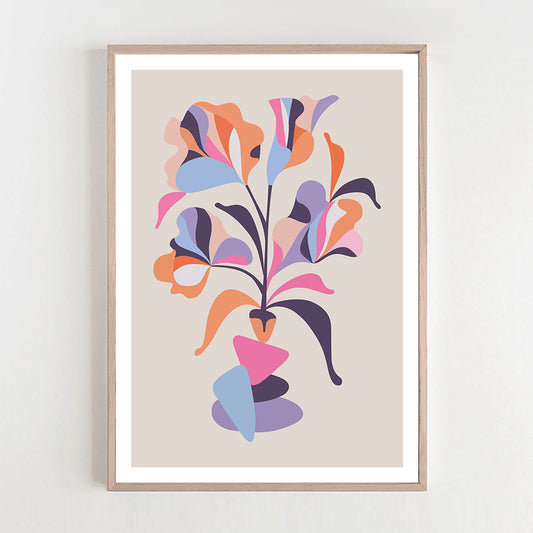 The art print featuring abstract floral and stone elements.