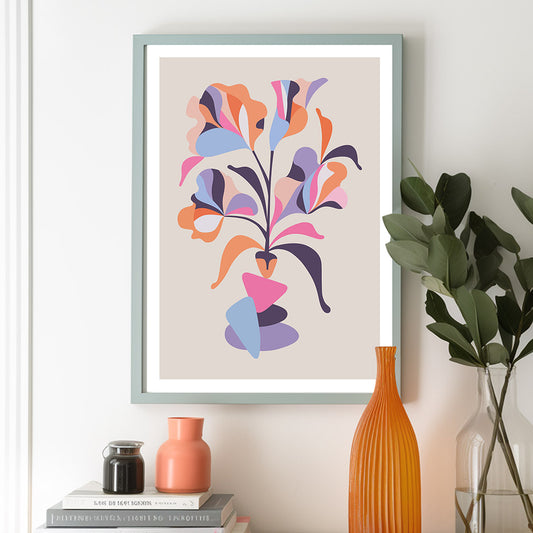 The art print featuring abstract floral and stone elements.