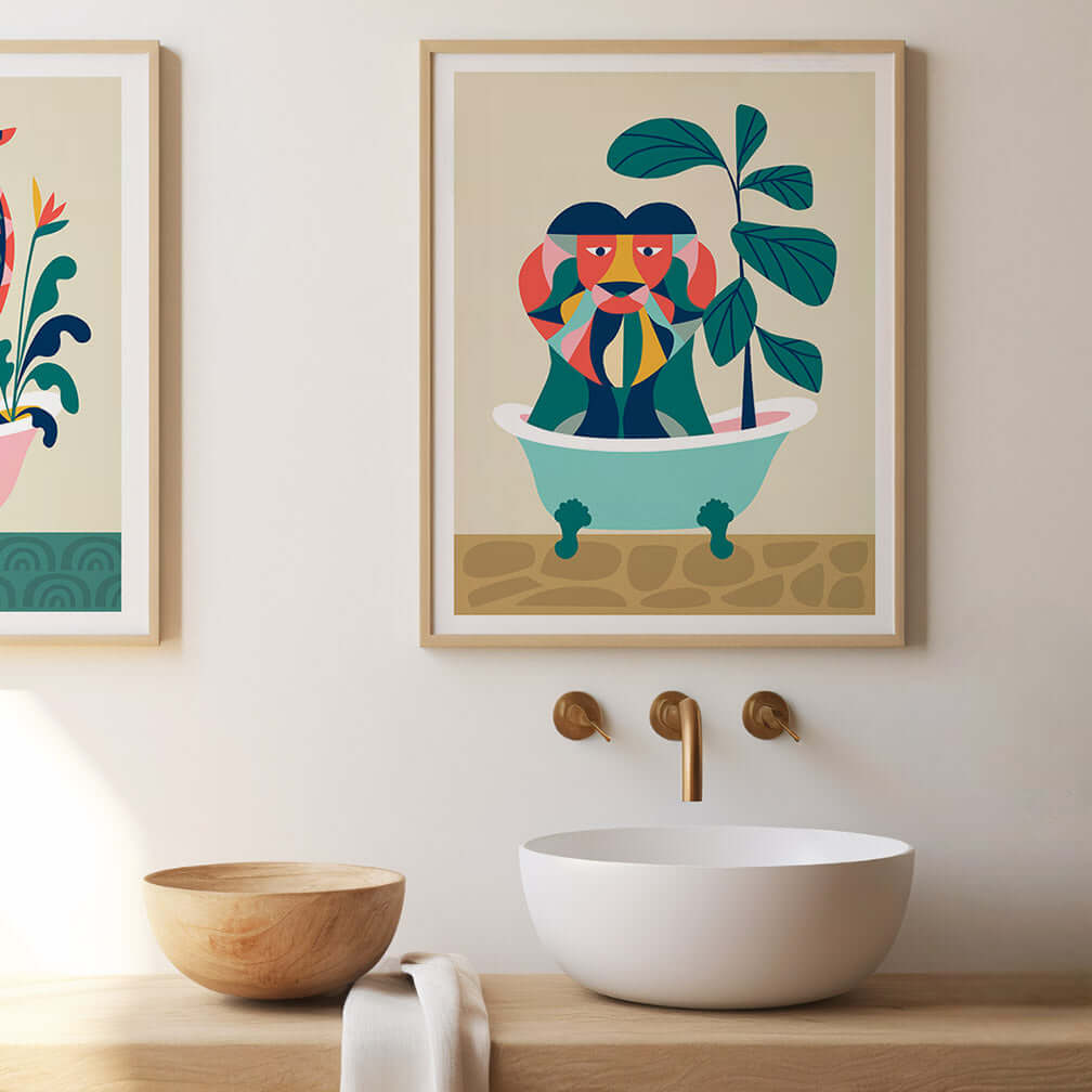 Lion in bathtub print. Bright colors and whimsical design perfect for adding a pop of fun to any room. 