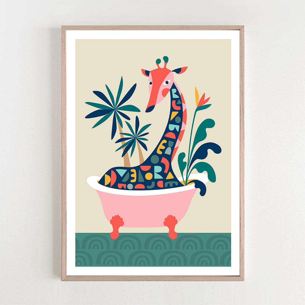 This print featuring a giraffe enjoying a relaxing bath surrounded by plants and flowers.